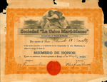 Certificate, Blanche Armwood as Honorary Member of the Sociedad "La Union Marti-Maceo", May 8, 1823 by Sociedad La Union de Marti-Maceo