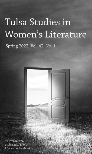 An image for the Spring 2023 Tulsa Studies in Women's Literature journal, which features a black and white image of an open door in a dark field. The door brings light and a different rural landscape. See more at utulsa.edu/TSWL