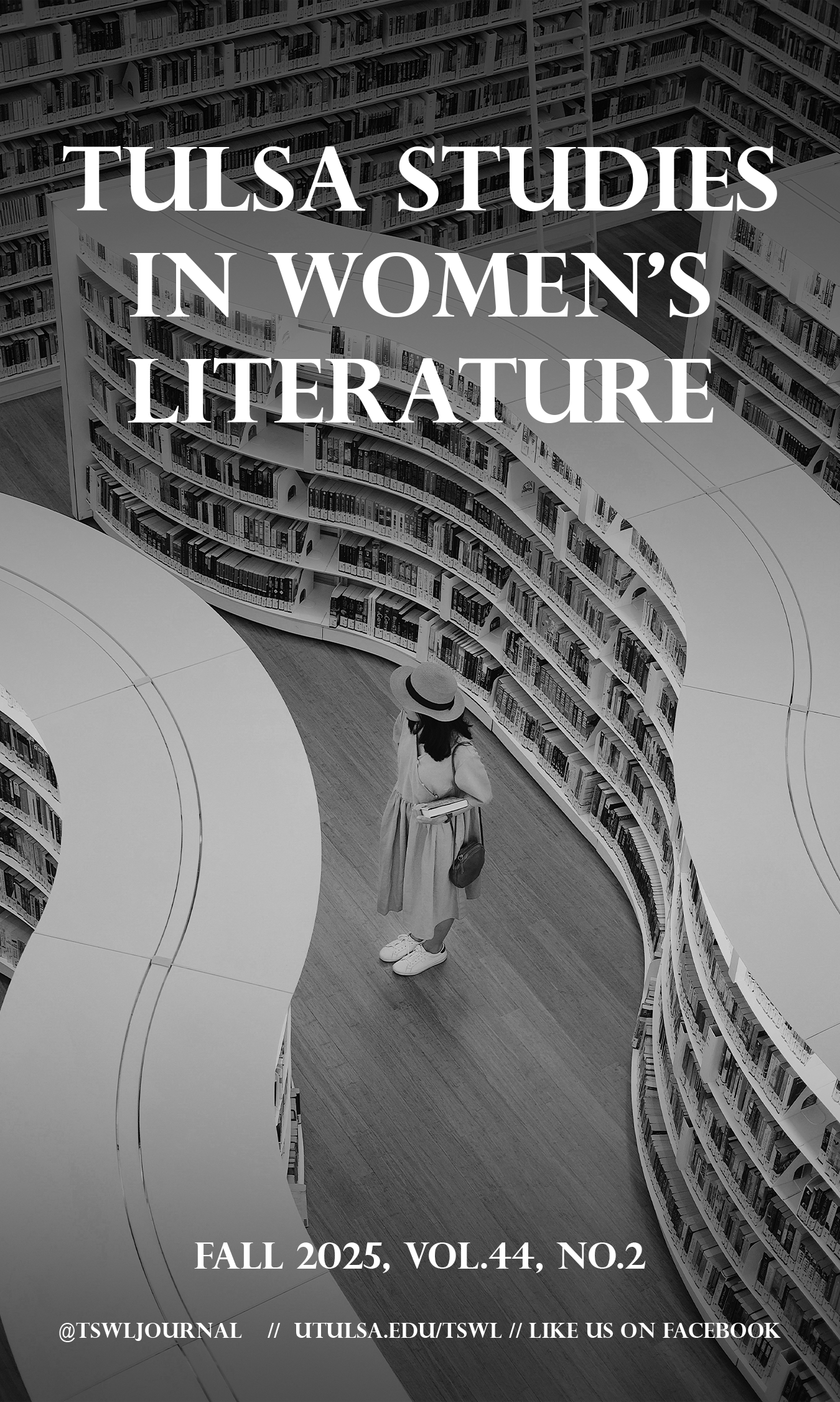 An image for the Fall 2025 Tulsa Studies in Women's Literature journal, which features a black and white image of a woman looking at library shelves. See more at utulsa.edu/TSWL.