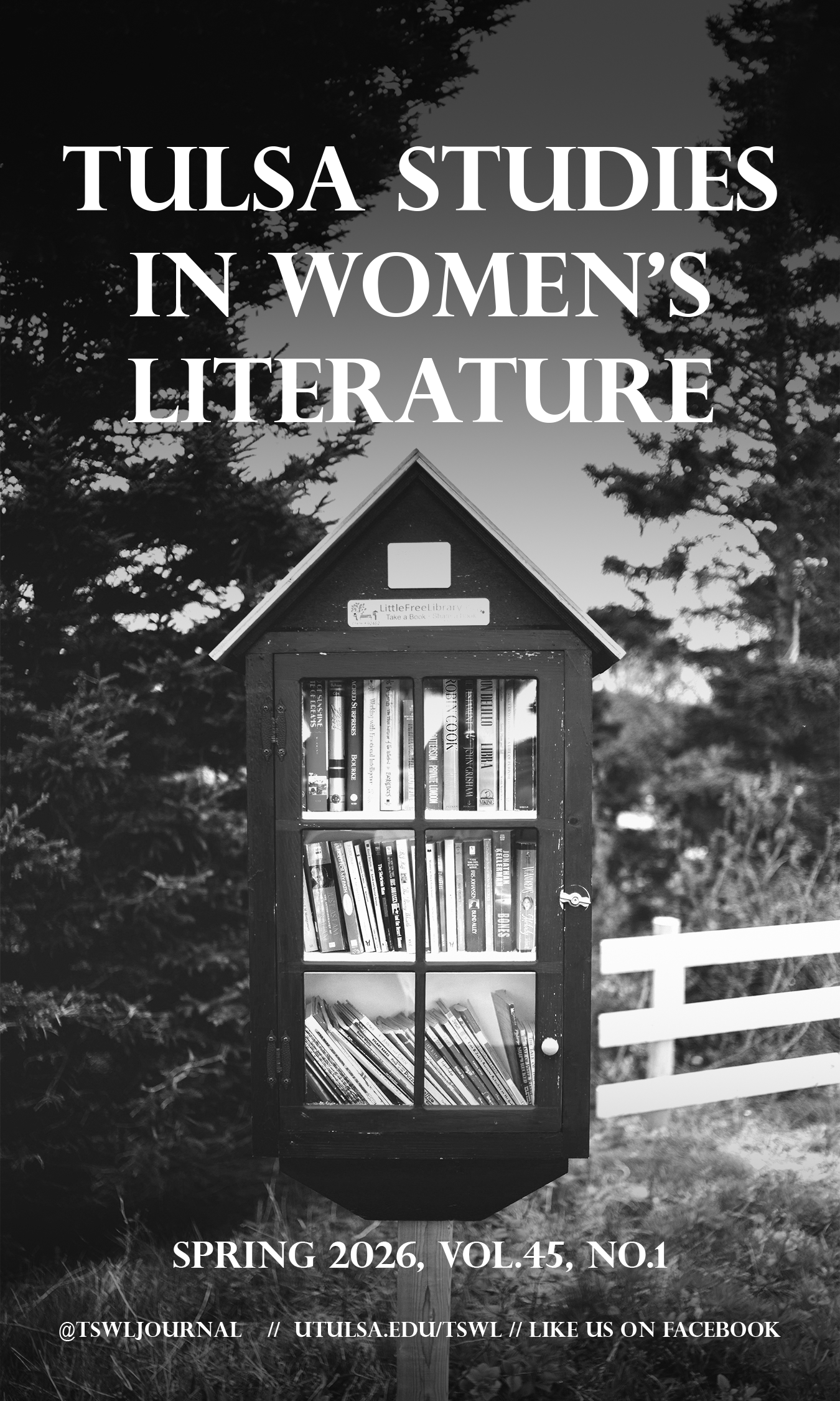 An image for the Spring 2026 Tulsa Studies in Women's Literature journal, which features a black and white image of a little free library. See more at utulsa.edu/TSWL.