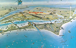 Artist conception of NASAs John F. Kennedy Space Center, Cape Kennedy, and neighboring cities