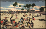 Sunbathing on Spa Beach, Million Dollar Pier in the background, St. Petersburg, Florida by Hampton Dunn
