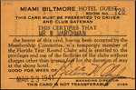 Membership Card, Miami Biltmore Hotel, Coral Gables, Florida, March 23, 1941