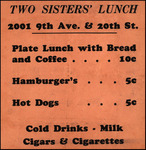 Menu, Two Sisters' Lunch, Ybor City, Florida