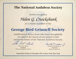 George Bird Grinnell Society Certificate Presented to Helen G. Cruickshank, December 6, 1993 by National Audubon Society