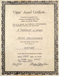 "Oppie" Award Certificate for Best Book of the Year in the Category of Nature, December 29, 1968 by Evelyn Oppenheimer