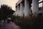 A Florida Ornithological Society group travels down an overgrown path beside an abandoned building on Grand Bahama Island