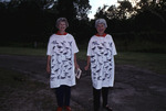 Mary Davidson and Peggy Powell pose in matching bird shirts at Archbold Biological Station by Florida Ornithological Society