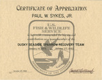 Certificate of Appreciation, Paul W. Sykes, Jr., October 27, 1972 by James Williams and U.S. Fish and Wildlife Service