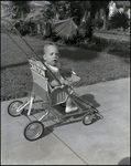 A toddler sits in a stroller with a Doyle E. Carlton Jr. election poster on the back in Tampa, Florida, B
