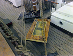 Wooden Table with Inlaid Ship Image on a Ship Deck, C by George Skip Gandy IV