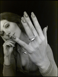 Brunette Woman Models Matching Shark Ring and Necklace, AD
