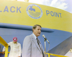 Man Speaking to Audience at Black Point Barge Launch, Misener Industries, E by George Skip Gandy IV