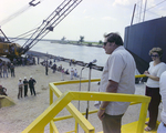 Man Speaks to Audience at Seabarge 251 Launch, Misener Industries, B by George Skip Gandy IV