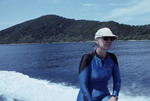 Nancy Ogden on Boat Near Cochino Pequeño in Cayos Cochinos, Honduras