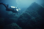 Diver Points at Coral Mound in Lighthouse Reef, Belize, circa 1996-1999 by John C. Ogden