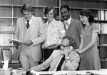 President John Lott Brown participating in fund-raising phone-a-thon, c.1982