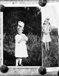 Bulletin board photo of photo of little girl holding rabbit; photo of young couple