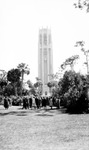 Bok Tower, trees, grass, crowd of people standing outside