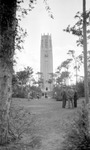 Bok Tower , trees, grass, lake, many people standing and walking around