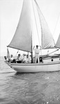 Five men on sailboat, name barely visible, other boat in background by Francis G. Wagner and Nelson Poynter Memorial Library
