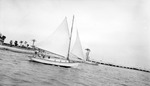 Sailboat and passengers with Million Dollar Pier approach in background by Francis G. Wagner and Nelson Poynter Memorial Library