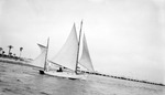 Sailboat and passengers with Million Dollar Pier approach and cars in background by Francis G. Wagner and Nelson Poynter Memorial Library