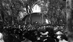 Williams Park concert in the bandshell, with trees and large audience by Francis G. Wagner and Nelson Poynter Memorial Library