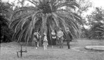 Wagner family in coats in yard in front of large palm tree: Edward, Sidney, Mattie, Betty, Beulah or Nina, Irma; water pipe and spigot at side by Francis G. Wagner and Nelson Poynter Memorial Library